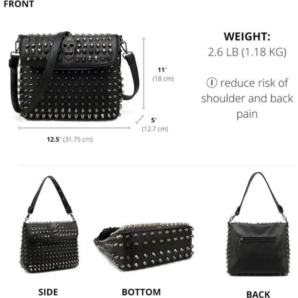 Studded Skull Bag for Women,Vegan Leather Punk Rock Rivet Bag,Shoulder Bag H1417 - Picture 3 of 7